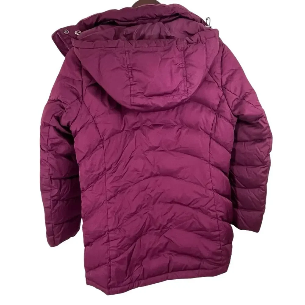 Lands' End Women's Jacket Puffer Coat XS Down Maroon Magenta Removable Hood Midi